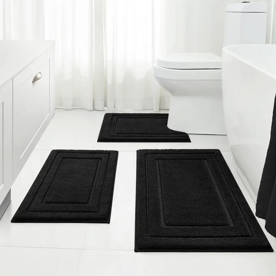 

Bathroom Rugs Sets 3 Piece, Super Soft and Absorbent Non Slip Microfiber Toilet Bath Mat with UShaped Black