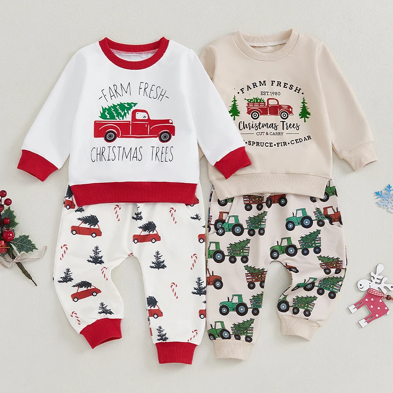 VISgogo 0-24Months Baby Boy Fall Outfit Christmas Truck Print Long Sleeve Sweatshirt and Elastic Waist Pants 2 Piece Clothes