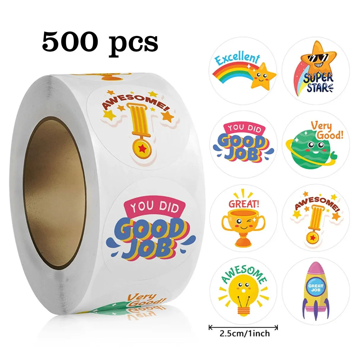 JCAC 500pcs/roll Cartoon Encouragement Doodle Stickers, Round PVC Self-Adhesive Labels, Learning Reward, Game Gift, DIY Decals