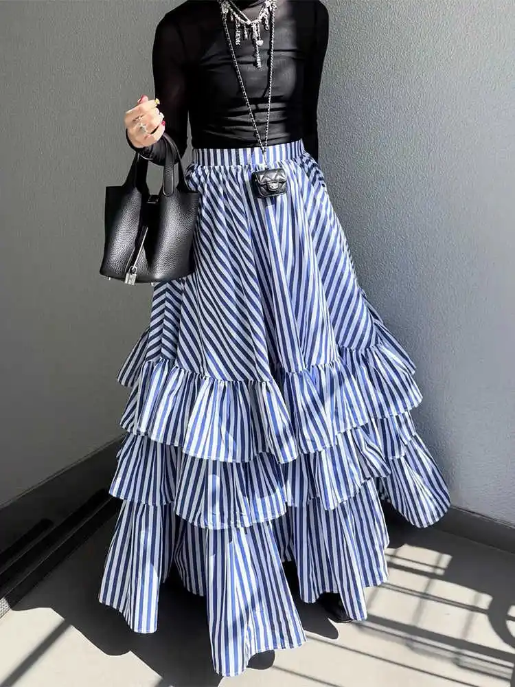 

Clothland Women Elegant Striped Long Skirt Elastic Waist Ruffle Ball Gown cute Female Casual Fashion Skirts Mujer BA347