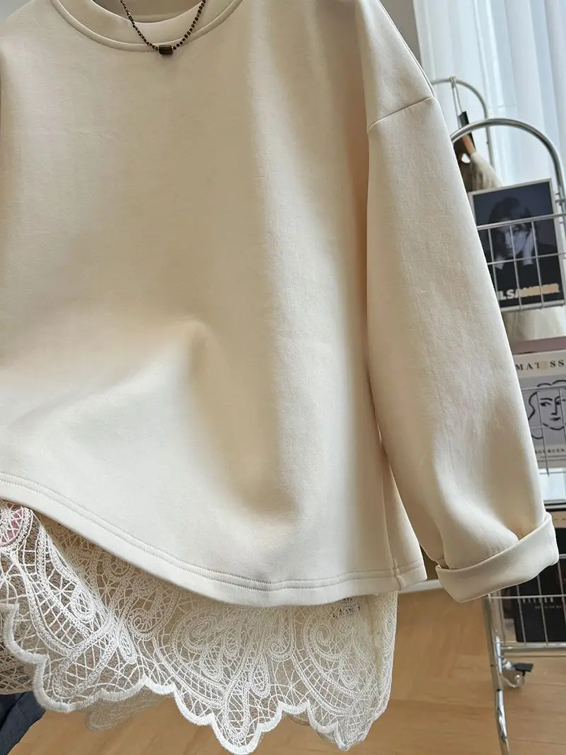 New Style Lace Splicing Fake Two-piece Pullover O Neck Sweatshirt For Women Spring Autumn Loose Top Fashion Casual Solid Hoodie