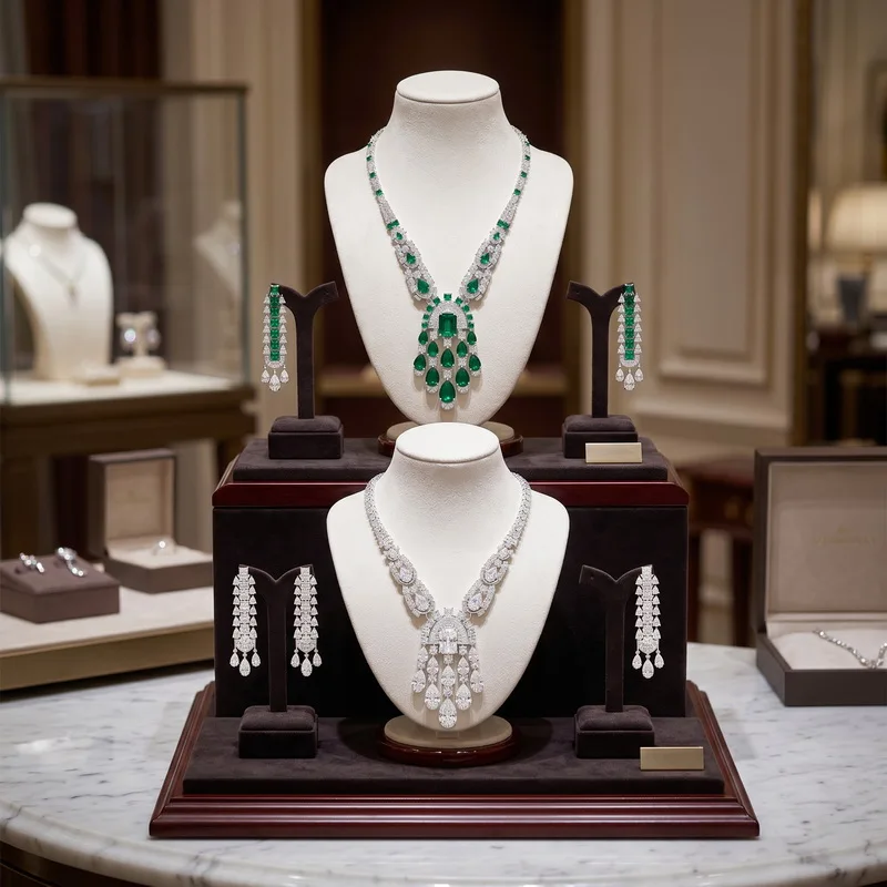 

Europe America Style Earrings Necklace Inlay Drop-shaped Czech Zircon Tassels Pendant Chain Evening Party Jewelry Sets