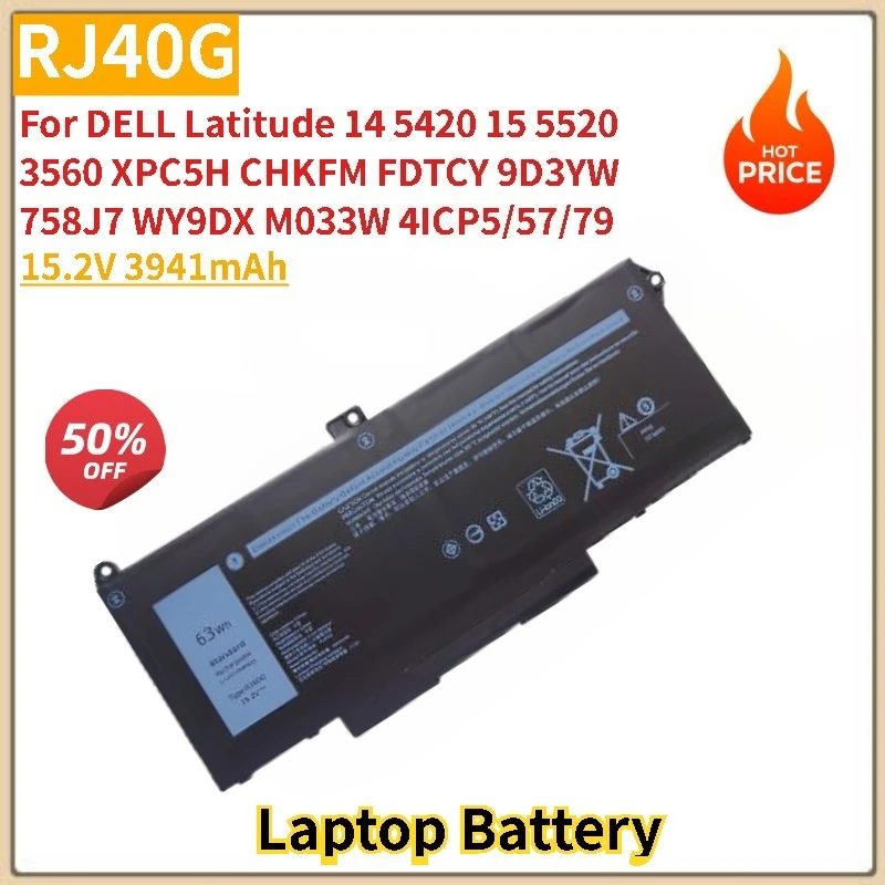 

RJ40G Laptop Battery 15.2V 3941mAh For DELL Latitude 14 XPC5H CHKFM FDTCY 9D3YW 5420 15 5520 3560 758J7 WY9DX M033W High Quality