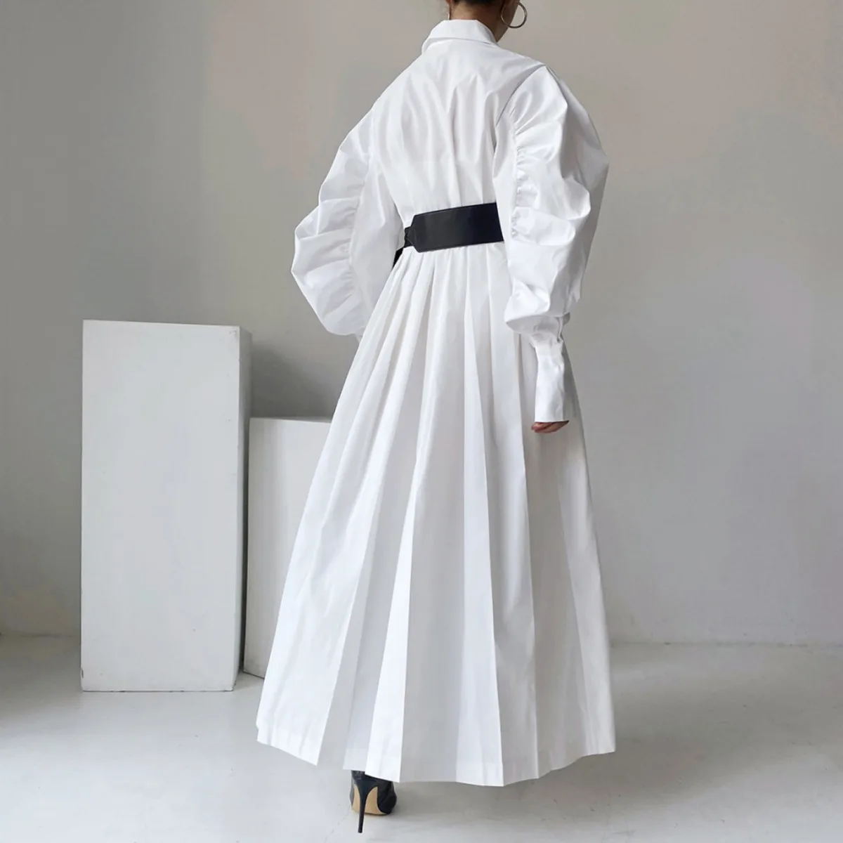 KWTX 2025 여성 빈티지 우아한 셔츠 드레스 긴 퍼프 소매 라펠 벨트 솔리드 컬러 시크 편안한 프리미엄 품질 가을