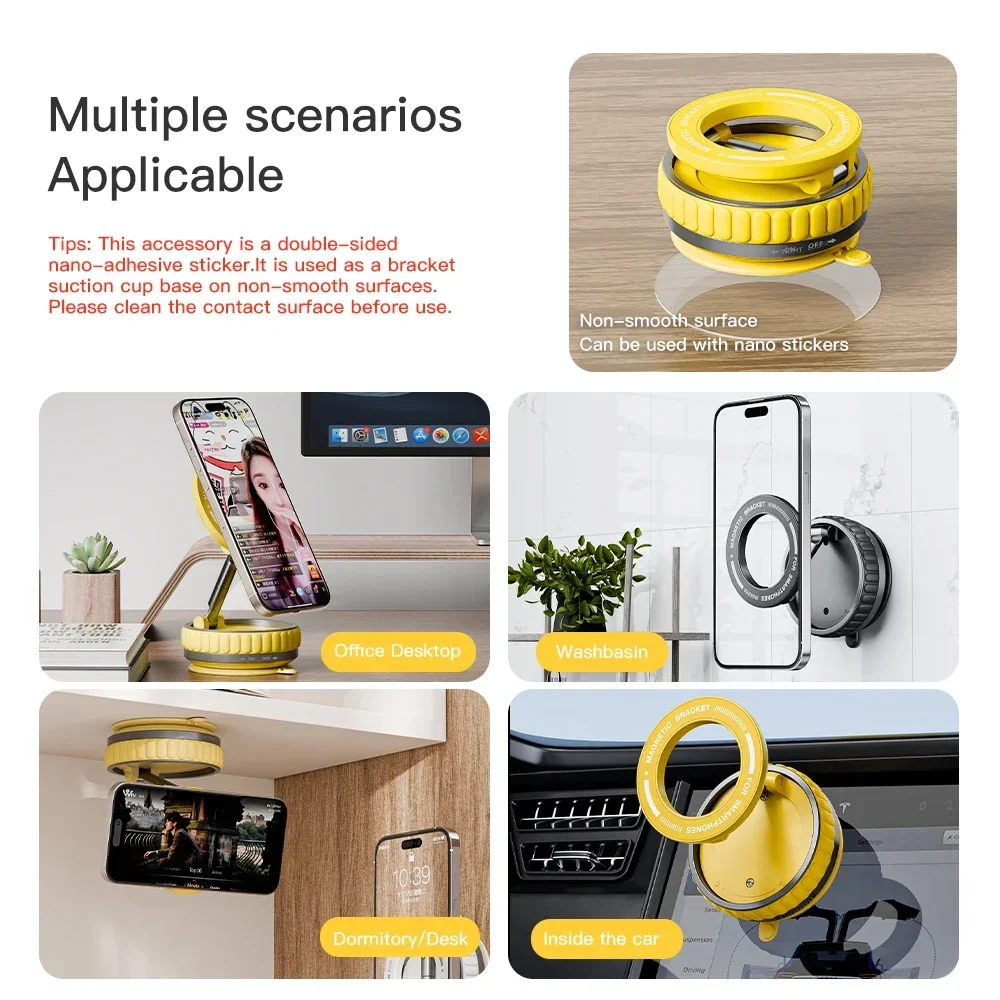Strong Magnetic Car Phone Holder Foldable Design 360° Adjustable Vacuum Mount for Car/Desk/Bathroom/Universal Use For iphone 15