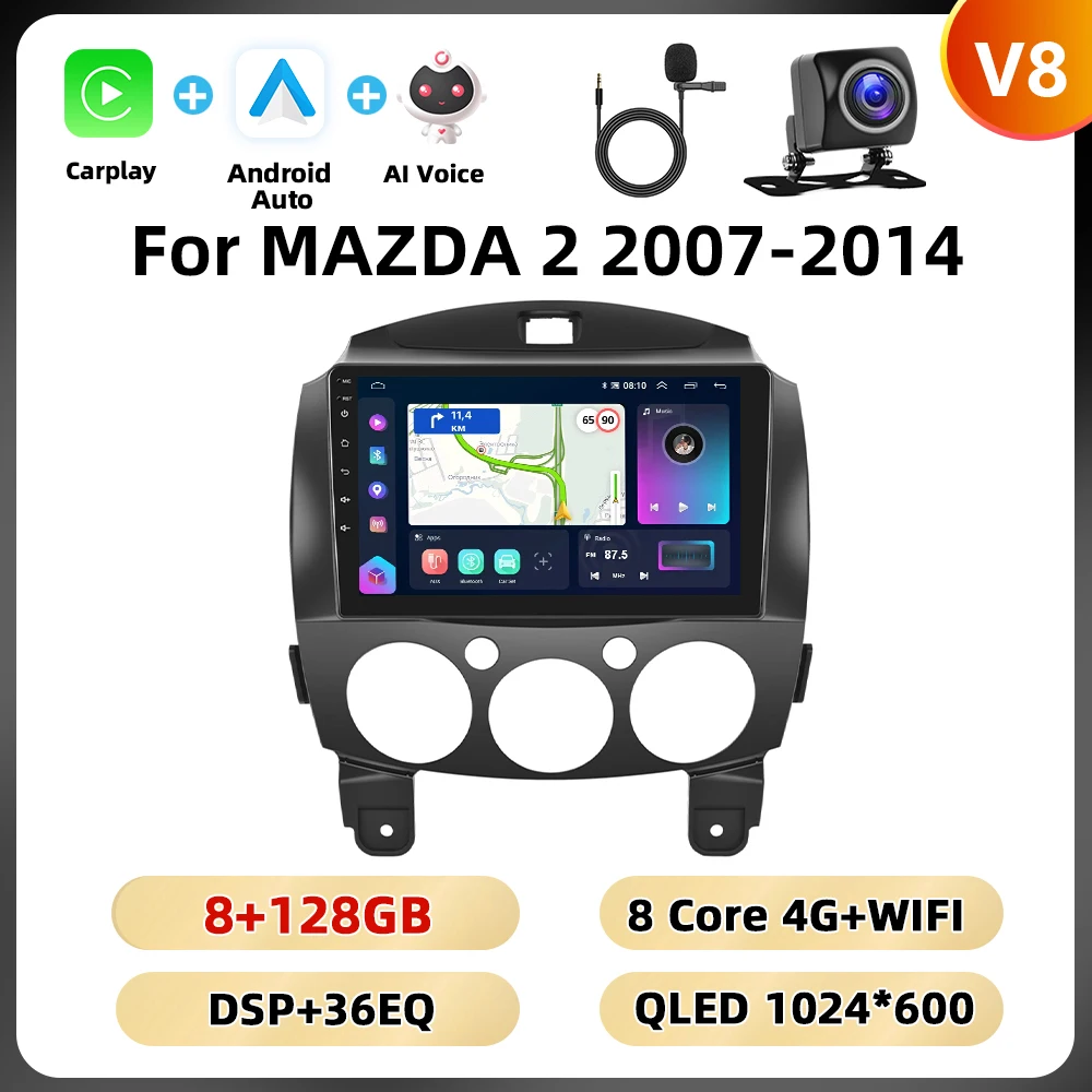 Podofo 9 ''BT RDS Autoradio Voor MAZDA 2 2007-2014 Multimedia Speler Navigatie Carplay Android Auto WIFI 4G AI Voice Autoradio