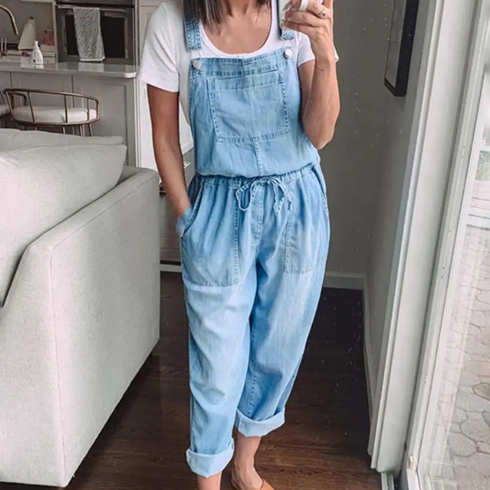 Summer Jumpsuit For Women Solid Color Jumpsuit Denim Long Pant Pockets Button Wide Leg Strap Jumpsuit Loose Rompers Overalls