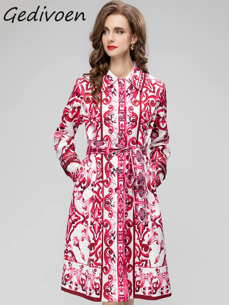 

Summer Fashion Runway Vintage Safflower Porcelain Printing Dress Women Lapel Frenulum Pocket High Waist Slim Midi Dress
