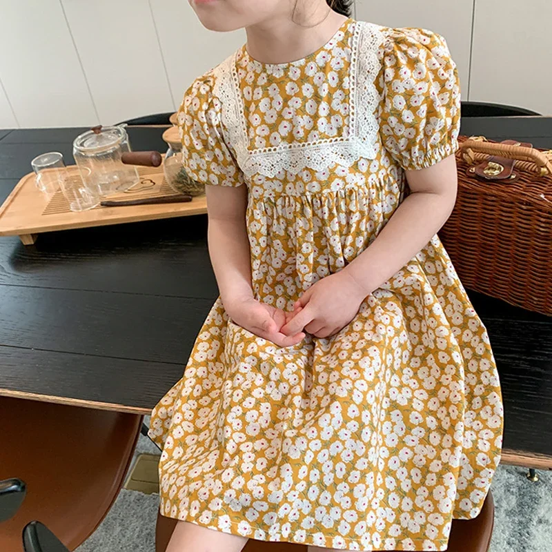 Summer Girls Dress 2025 New  Floral Lace  Princess Dress England Farmhouse Style Baby KIds Children'S Clothing