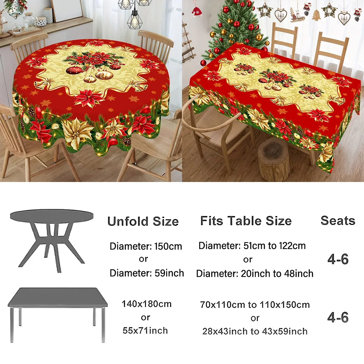 Merry Christmas Tablecloth Rustic Poinsettia Polyester Table Cover Christmas Decoration for Home Kitchen New Year Table Decor