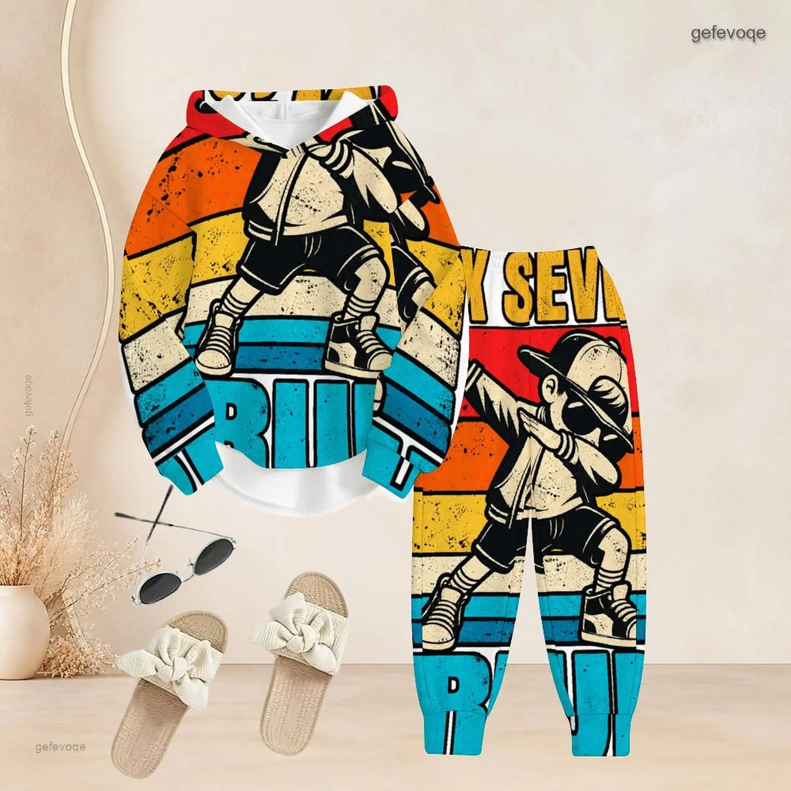 Women Pants Set with Print Long Sleeve Hooded Top Cuffed Pants Two Piece