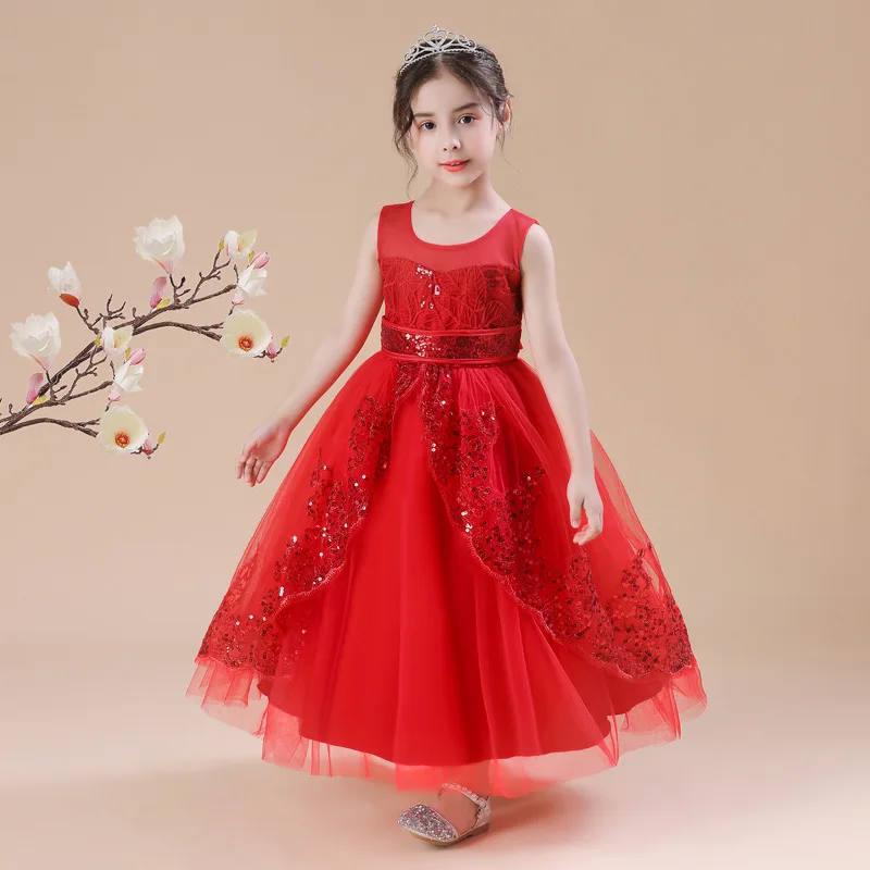 Girls Princess Dress Sequins Decorative Sleeveless Dress Mesh Long Show Presiding Puffy Birthday Party Evening Dress