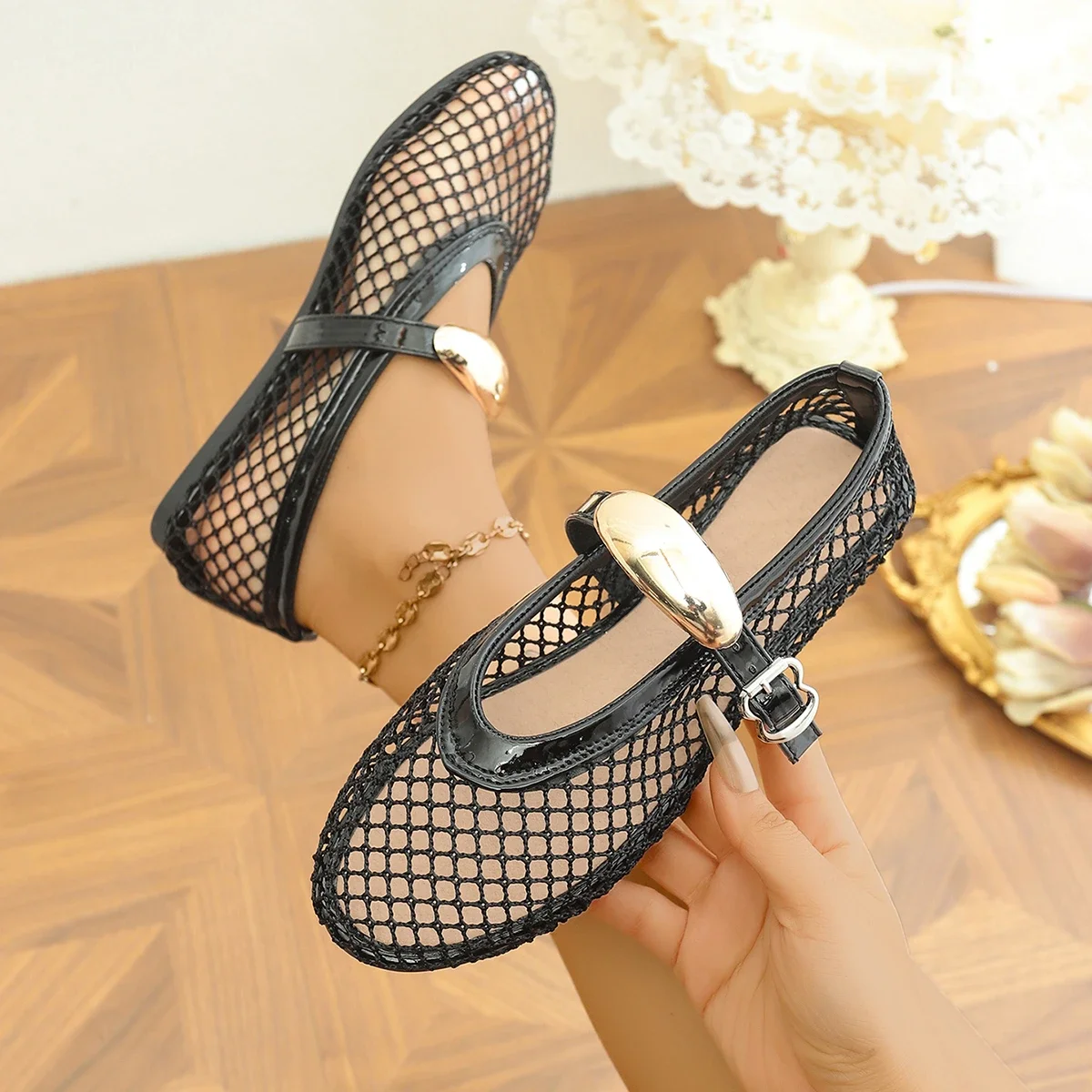 2025 Flat Fashion Women Sandals  Line Button Mary Jane Fishnet Shoes Ladies Summer Round Head Sandals Breathable Non-slip Shoes