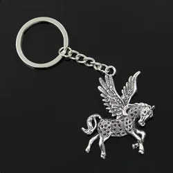 New Fashion Men 30mm Car Keychain DIY Metal Holder Chain Vintage Fly Horse Unicorn 52x42mm Silver Color Pendant Gift