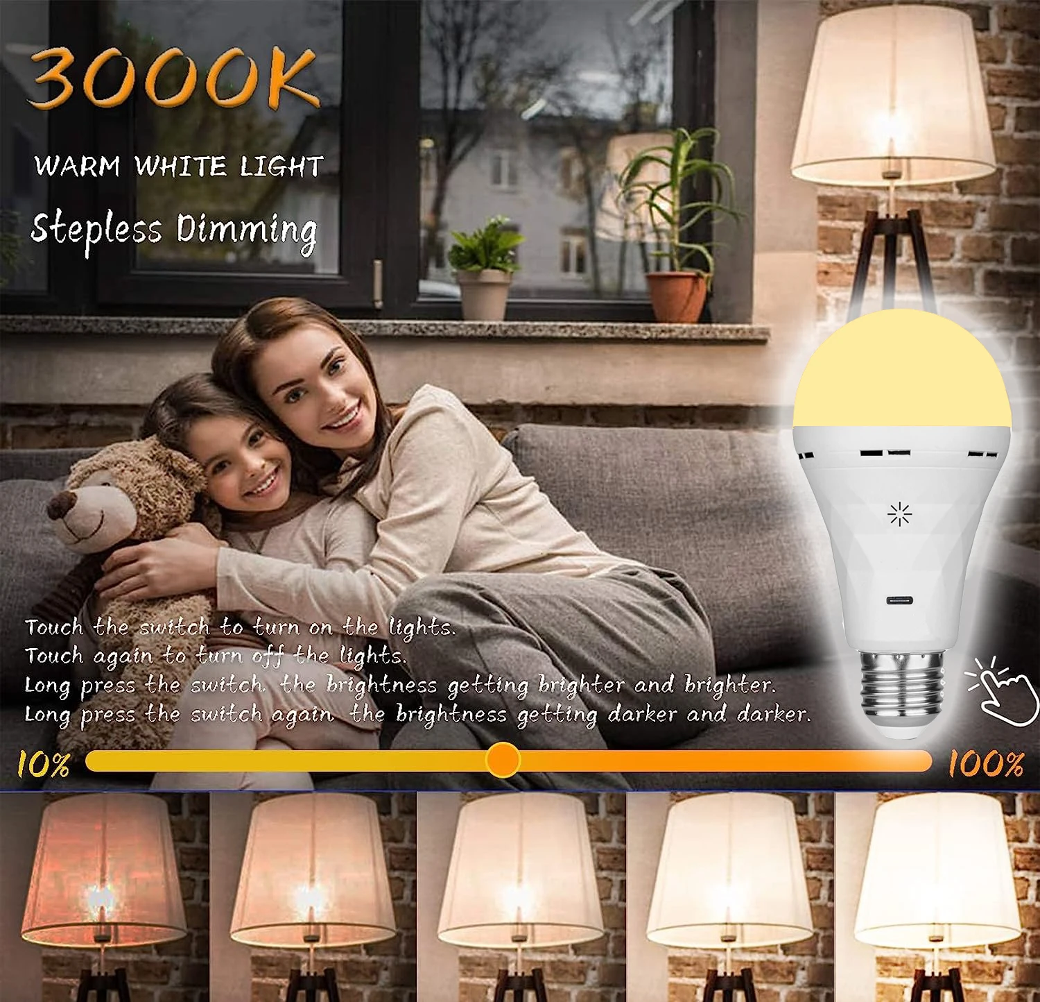 USB led bulb，E27 Rechargeable Light Bulbs, Emergency Lightbulbs Warm with Timer Dimmable for Wall Wireless Sconce,（2pake)