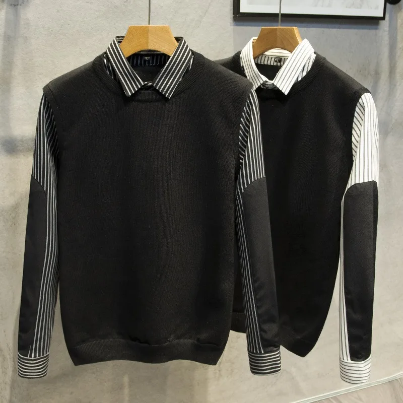 

Мужской свитер-обманка (имитация двухслойности) для весенне-осеннего сезона, приталенный, модный, с отворотным воротником, из трикотажной ткани.