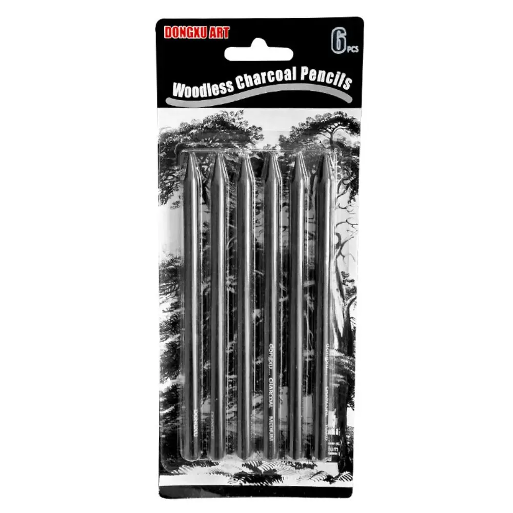 Lápis de carvão preto durável solúvel em água, Soft Medium Hard Charcoal Stick, Pacote misto, Esboço fácil de colorir, 6pcs