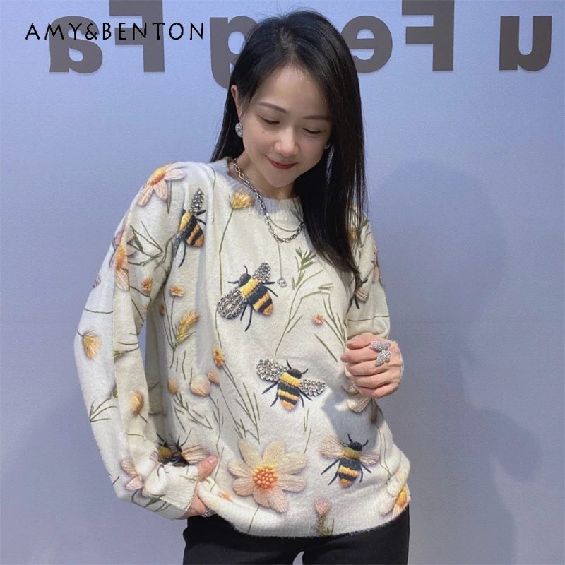 

Американский стиль, норковый мех, тяжелый вязаный свитер, пуловеры с длинными рукавами и круглым вырезом, женский топ, новинка зимы 2025 года, трикотаж