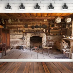 Photography Backdrop Western Old Wooden House Rustic Kitchen Interior Rural Farmhouse Fireplace Cooking Utensils Background