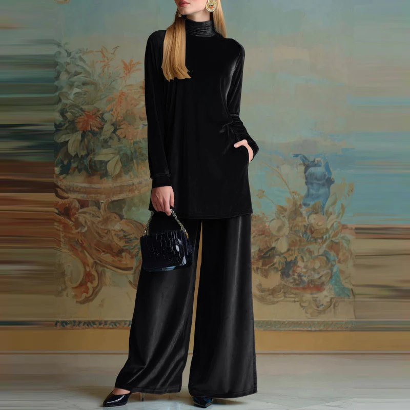 ชุดลำลองผ้ากำมะหยี่เนื้อนุ่ม สไตล์เรียบหรู คอทรงโอ แขนยาว เสื้อพูลโอเวอร์และกางเกงมีกระเป๋า ชุดเซ็ตสองชิ้นสำหรับผู้หญิง สีพื้น รุ่นใหม่ประจำฤดูใบไม้ร่วง