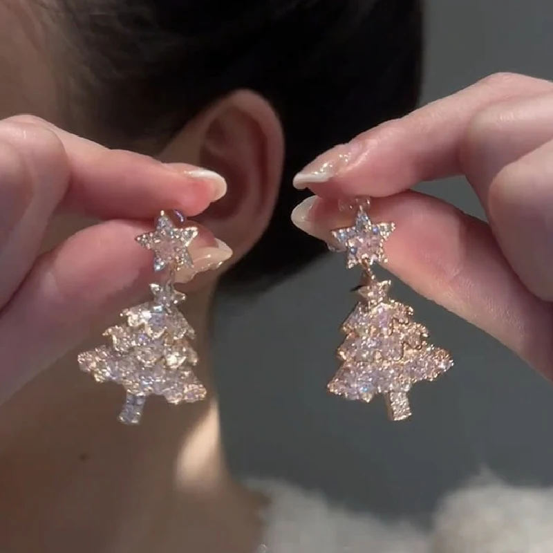 Christmas Tree Zircon Crystal Star Earrings Stud For Women Dangle  Xmas Party Fashion Jewelry Gift