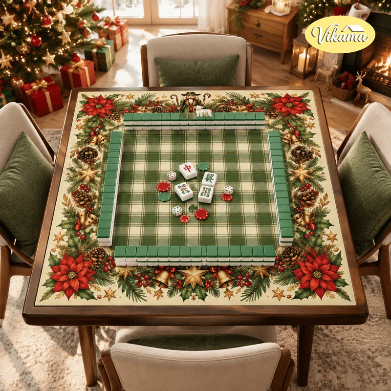 VIKAMA Green Plaid Shepherd Nutcracker Sheep Mahjong Table Mat Non Slip Card Game Xmas Decor Table Cover Mahjong Table