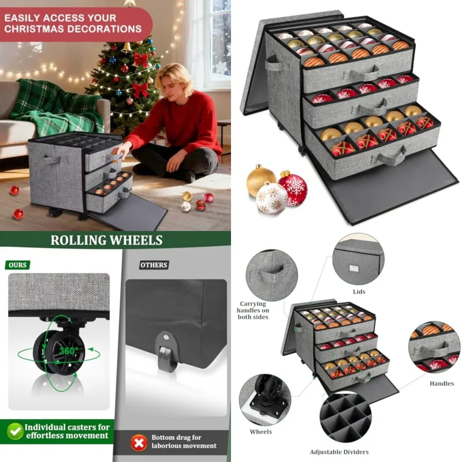 Christmas Ornament Storage Box with Wheels, Stackable Christmas Ornament Organizer with 3 Drawer Trays, Openable Ornament Organ