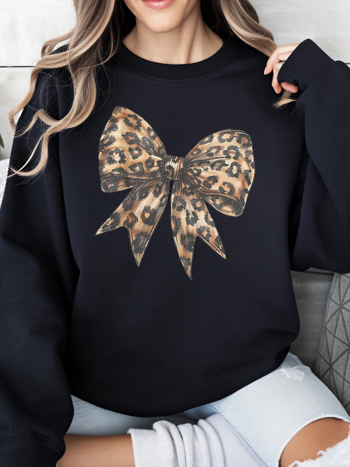 

Толстовка с круглым вырезом и леопардовым принтом и бантом, женская повседневная одежда на Хэллоуин, черная, больших размеров