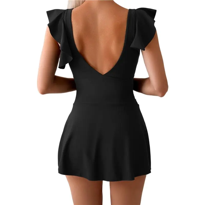 Dropship-One-Piece Swimdress Ruffle Swimsuit For Women Tie Knot Swim Dresses V Neck Bathing Suit Skirt