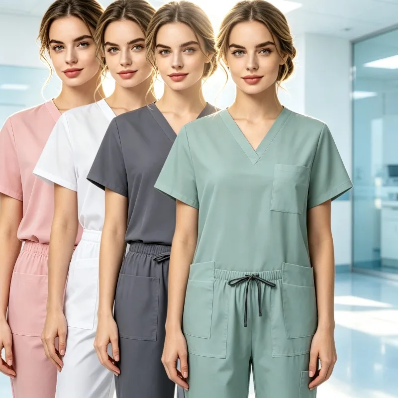 Elastc Scrub Suit for Women Men V-Neck Short Sleeve Nursing Uniform for Operating Room Pet Hospital Beauty Salon