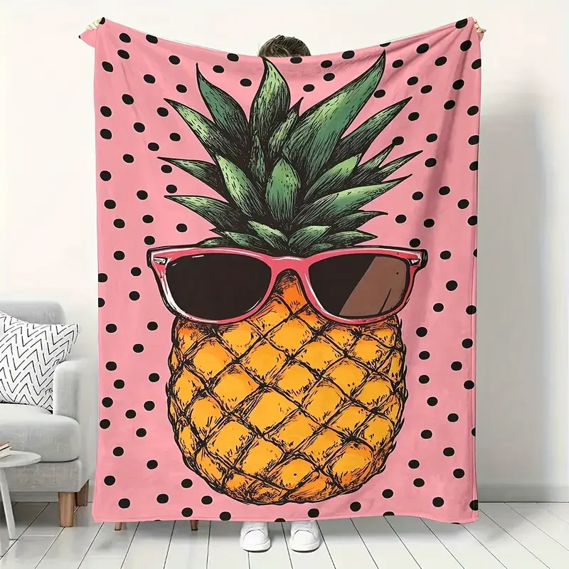Spotted, playful pineapple sunglasses pattern flannel blanket - soft and warm, suitable for sofa, bed - Halloween Christmas