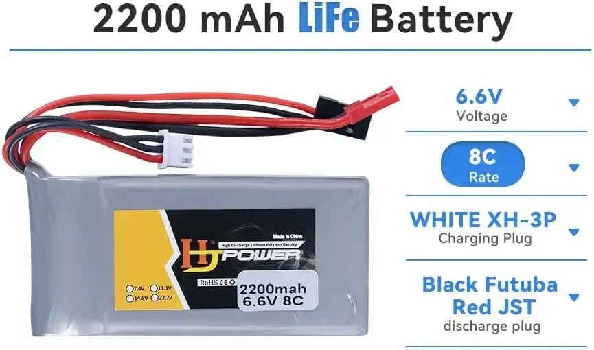 6.6V 8C 2200mAh LiFePO4 Battery for RC Receiver 18SZ 14SG 10J T8J T6J 7PX 4PX 4PV 4PLS 4PK 3PV T4PM with Futaba and JST Plug