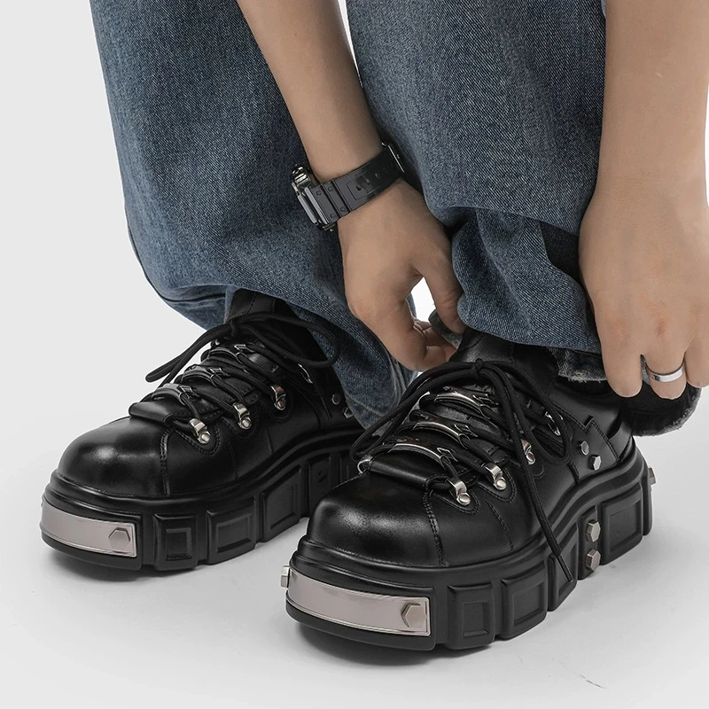 New Rock Shoes Women Pumps Shoes Heavy Metal Thick Bottom High Top Punk Leather Shoes Gothic Dark Black Rock Boots