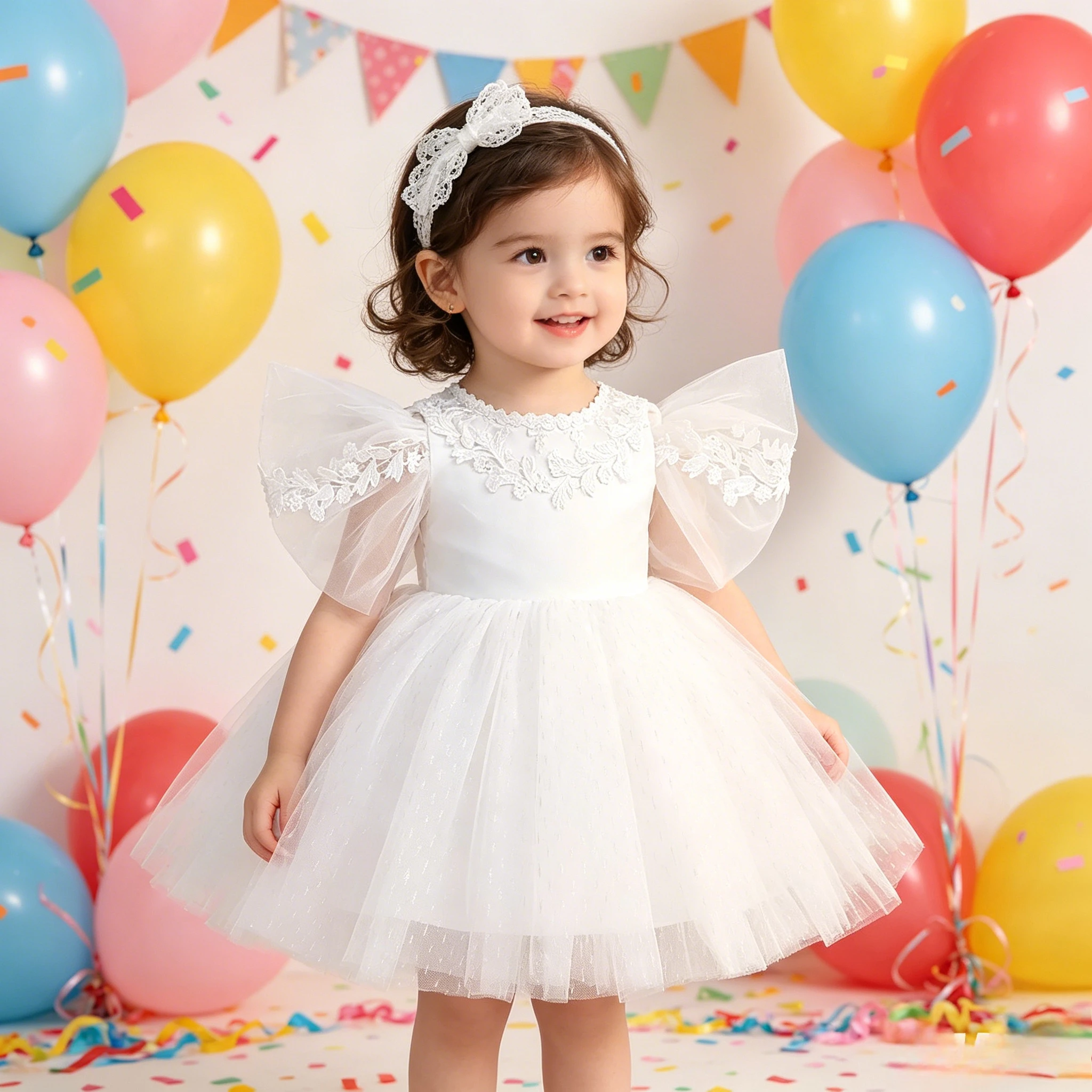 New Infant Princess White Lace Dress Baby 1st Small Flying Sleeve Mesh Fluffy Dress Toddler Girls Birthday Baptism Costume ASQ03