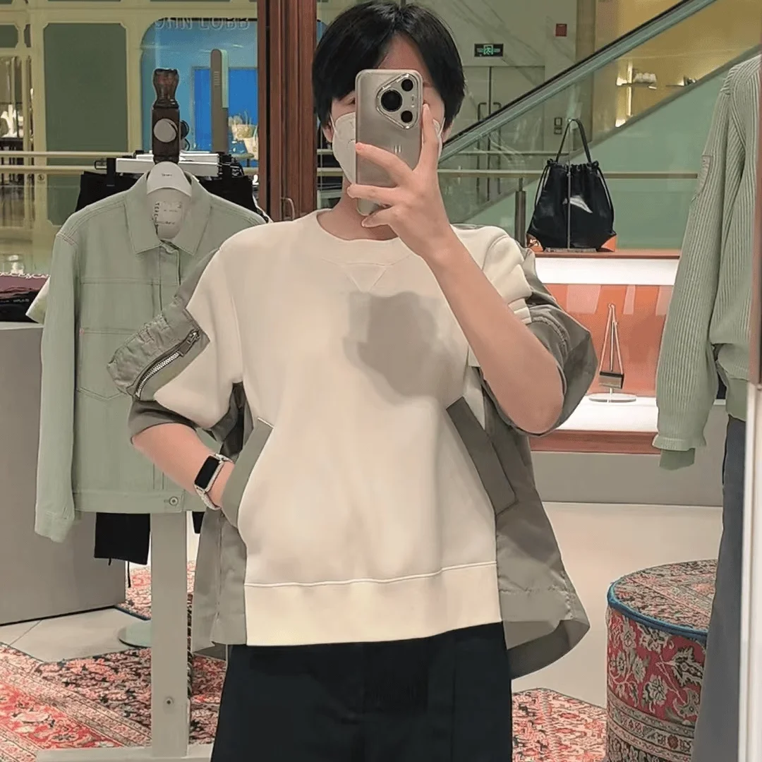 SAC 25 Heavy Industry Splicing Wool Jacket Loose Fashion Splicing Short Sleeve Sweater