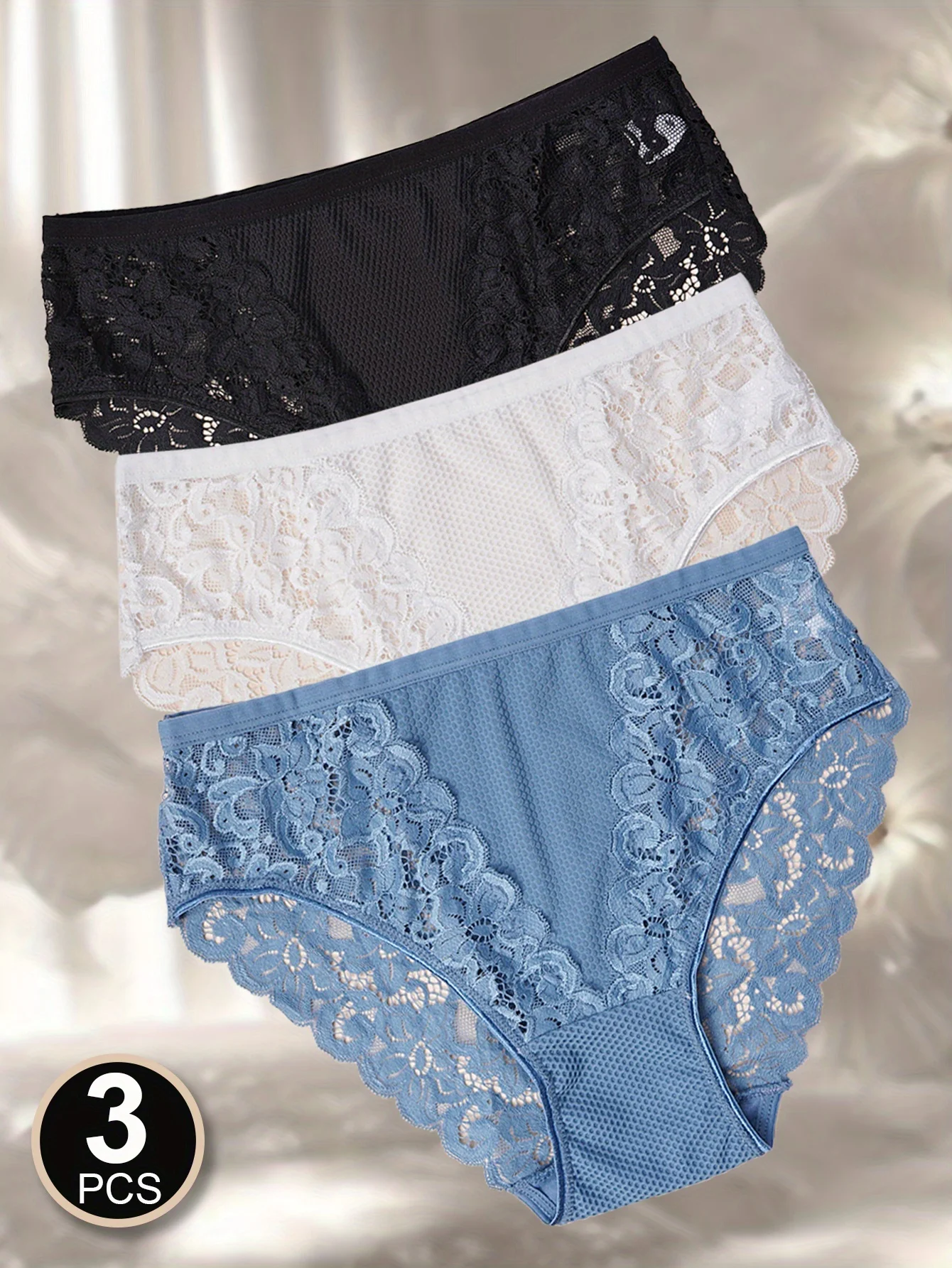 3pcs Mesh Lace Patchwork Panties Featuring Hollow Floral Designs for Women, Available in Solid Colors for Lingerie