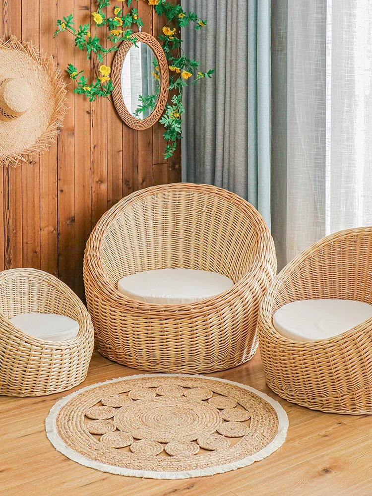 Hand-woven Natural Willow Living Room Chair with Wicker Sofa Cushion