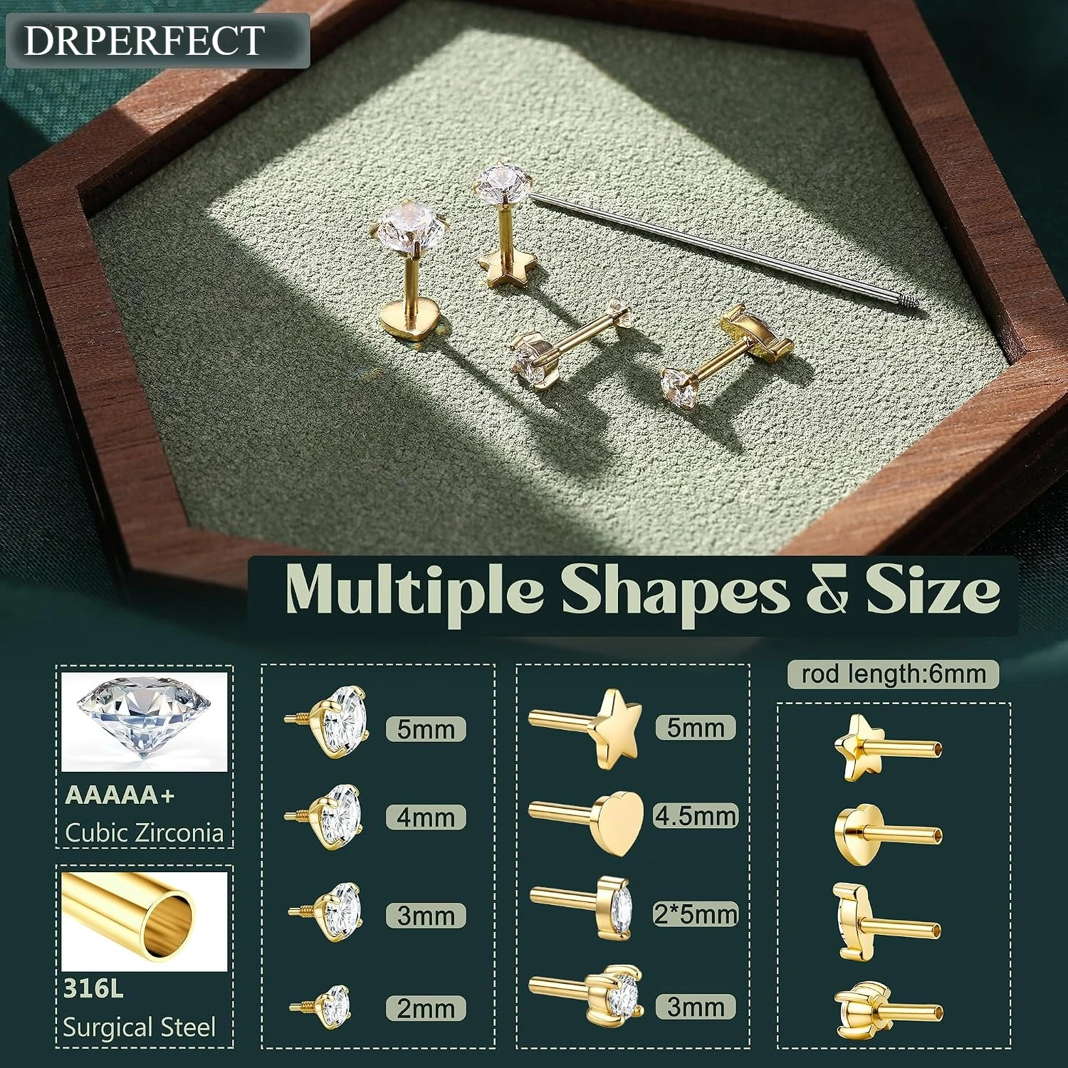 Drperfect Reversible Flatback Earrings Studs for Women Men 14K Gold Plated Surgical Steel Earring Cartilage Helix Piercing Jewel