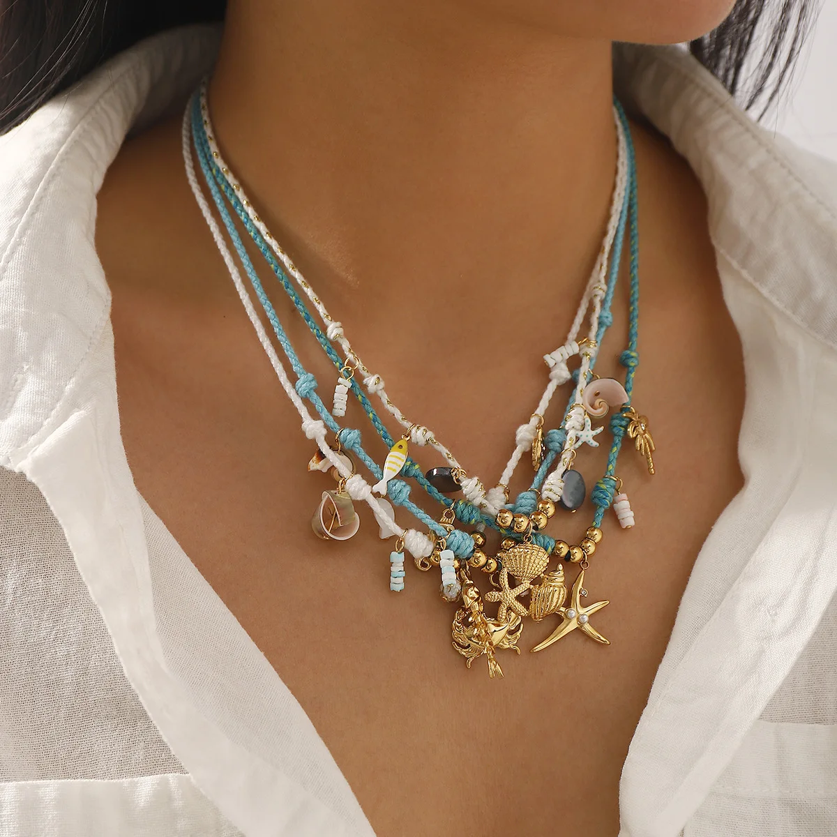 ZB0410 Stainless Steel Summer Beach Starfish Shell Pendant Electroplating 14K Gold Color Retaining Rope Necklace Bracelet Female