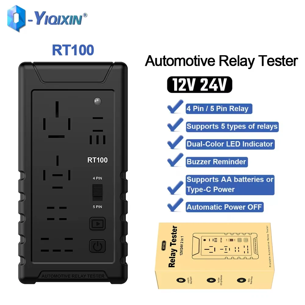 RT100 Automotive Relay Tester 12V/24V Car Battery Checker 4Pin/5Pin Electronic Identification Voltage Tester Diagnostic Tool