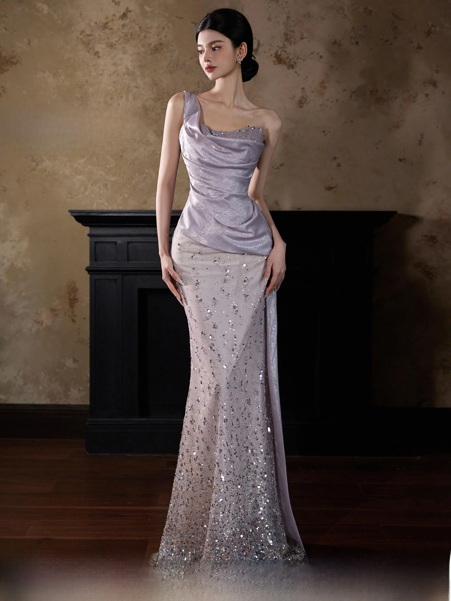 

Фиолетовое вечернее платье с пайетками и одним открытым плечом, для гостей на свадьбу, банкетное, для утреннего приема