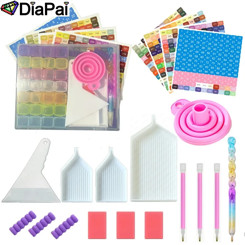 DIAPAI Diamond Painting Bead Storage Box Embroidery Accessories Kit  With Pen Glue Clay Funnel Tray Label Stickers Fix Tool