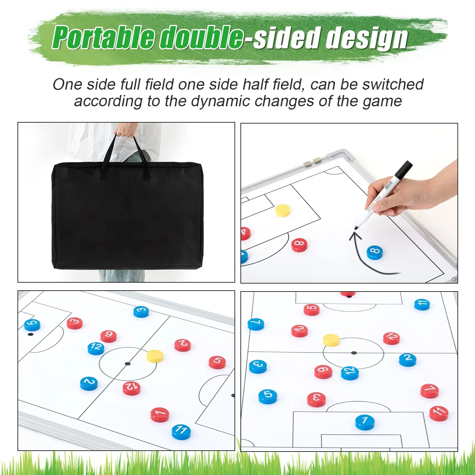 24インチ x 18インチ 磁気サッカーコーチングホワイトボード 両面ドライイレースボード ポータブル戦術クリップボード 競技用装備