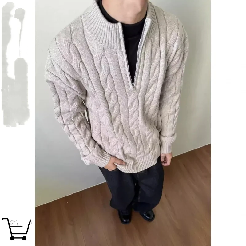 

Relaxed Old Money Style Sweater for Men in Autumn and Winter Versatile Hemp Pattern Half-zip Top Solid Color Sweater