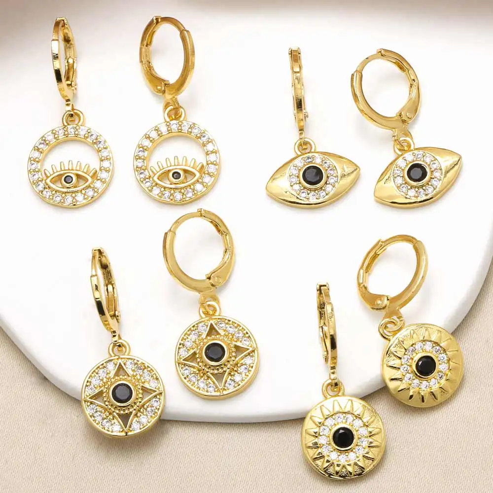 FLOLA Gold Plated Hoops Evil Eye Earrings for Women CZ Crystal Greek Eye Earrings Turkish Jewelry olho grego ersa379