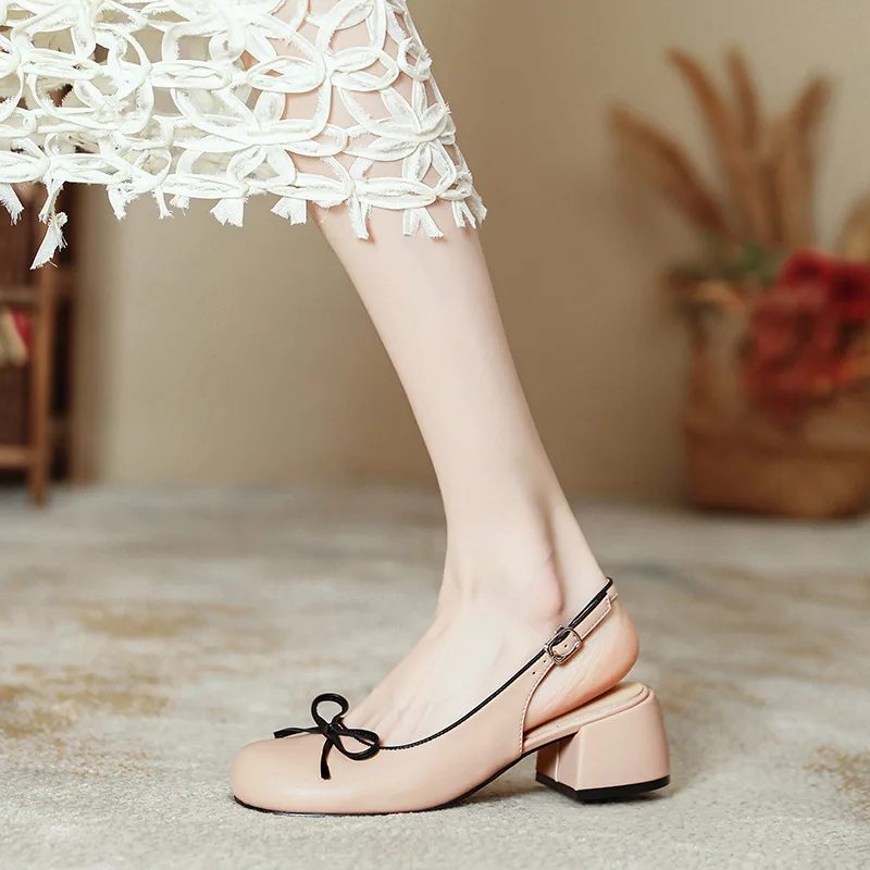 Retro Woman Shoes 2024 Summer Beige Heeled Sandals Mary Jane Original Black Block Closed New Bow Leather Low Comfort Open Girls