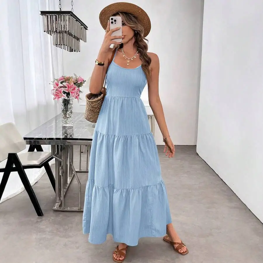 Light Blue Tiered Maxi Dress With Spaghetti Straps And Ruffles