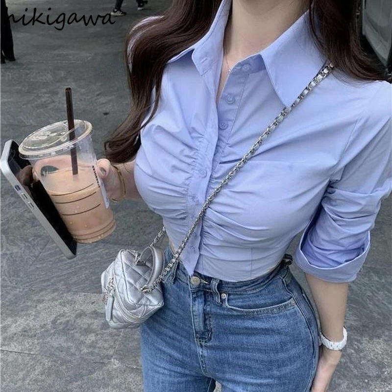 Sexy Crop Tops Fashion Blouse for Women Folds Tunic Long Sleeve Shirt Korean Y2k Clothes White Blouses 2023 Blusas Mujer De Moda