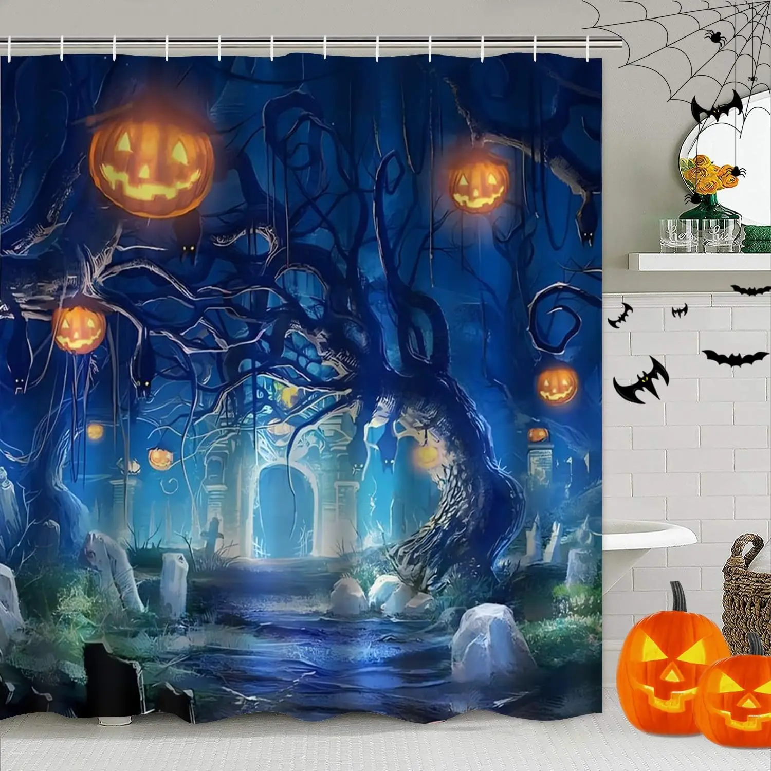 4 Pcs Halloween Shower Curtain Set with Rugs Toilet Lid Cover,Bloody Hand Shower Curtain with 12 Hooks for Bathroom Set Decor