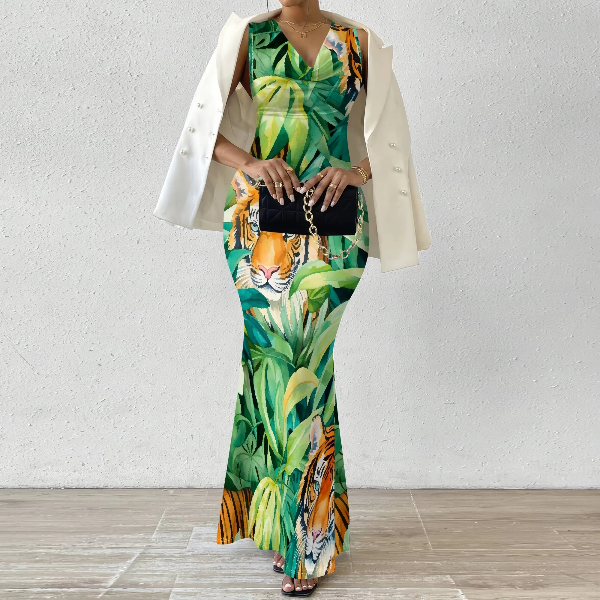 

2025 Summer Tiger Print Long Dress for Women XS-XXL Sexy Sleeveless Bodycon Mermaid Maxi Dress for Holiday or Night Out